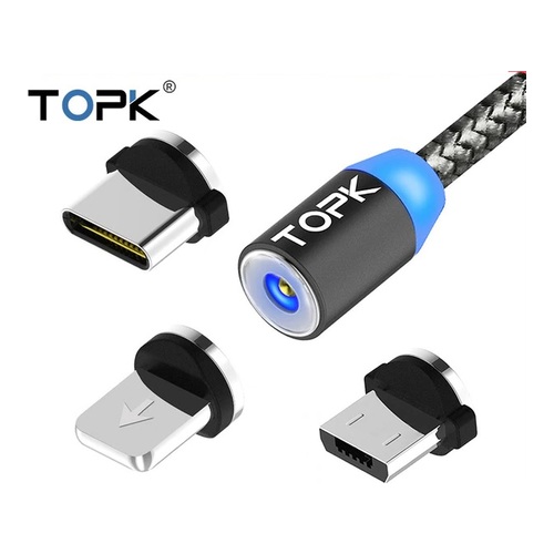 Магнитный светодиодный кабель TOPK с магнитным micro USB/Type-C/iPhone коннектором серый(комплект) K