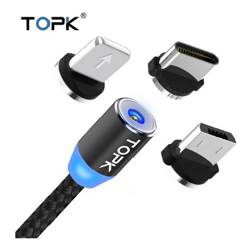 

Магнитный светодиодный кабель TOPK с магнитным micro USB/Type-C/iPhone коннектором черный(комплект) K3B