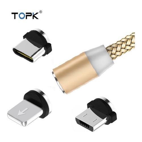 Магнитный светодиодный кабель TOPK с магнитным  micro USB/Type-C/iPhone коннектором золотой