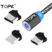 Магнитный светодиодный кабель TOPK с магнитным micro USB/Type-C/iPhone коннектором серый(комплект) K